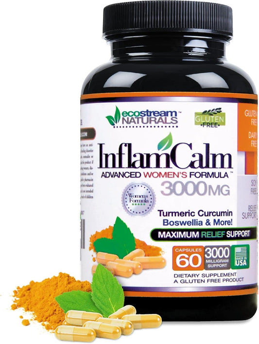 InflamCalm Advanced Women's Formula 3000 with Turmeric, Curcumin, Enzymes, and Boswellia - Vegetarian, Gluten Free