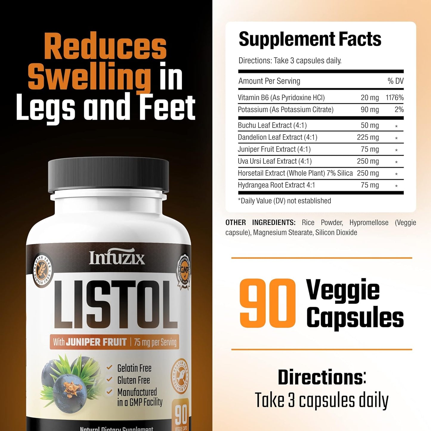 Infuzix Listol: Natural Diuretic for Swollen Feet, Ankles, Legs - Reduce Water Retention & Swelling for Improved Comfort and Mobility
