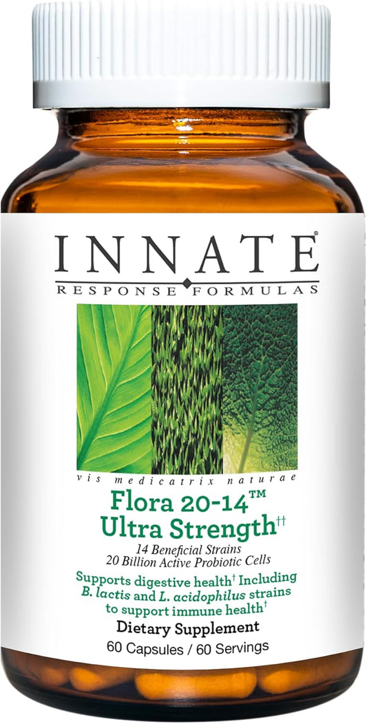 Innate Response Formulas Flora 20-14 Ultra Strength Probiotic Supplement - 20 Billion CFU, 14 Strains - Vegetarian, Non-GMO - 60 Capsules, Allergen-Free