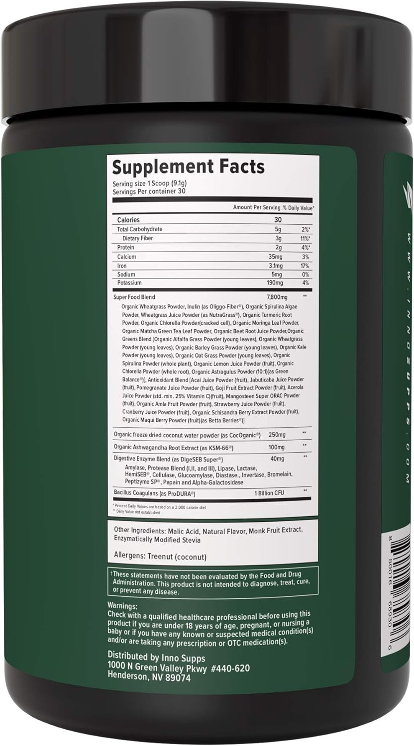 InnoSupps Inno Greens: Organic Superfoods with Probiotics - Antioxidant & Hydration Boost - 30 Servings