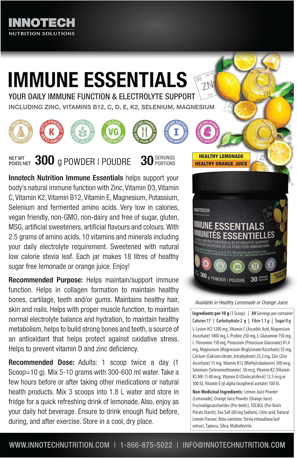 Innotech Immune Essentials Powder Supplement - Lemon Flavour, 300g