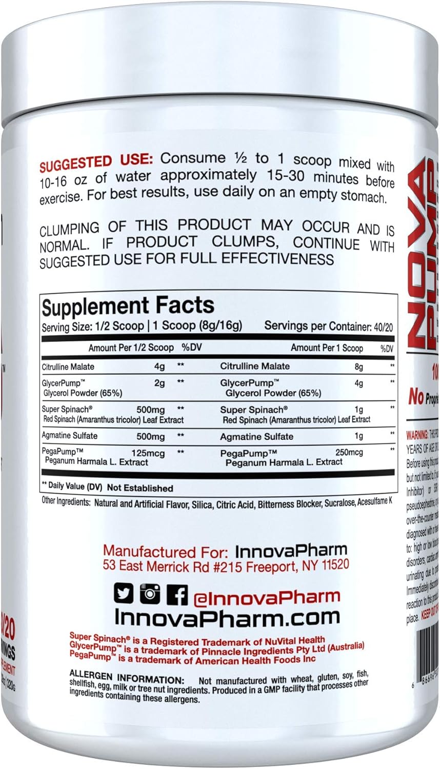 InnovaPharm NOVAPUMP Pink Lemonade Pre-Workout Supplement 11.2 oz