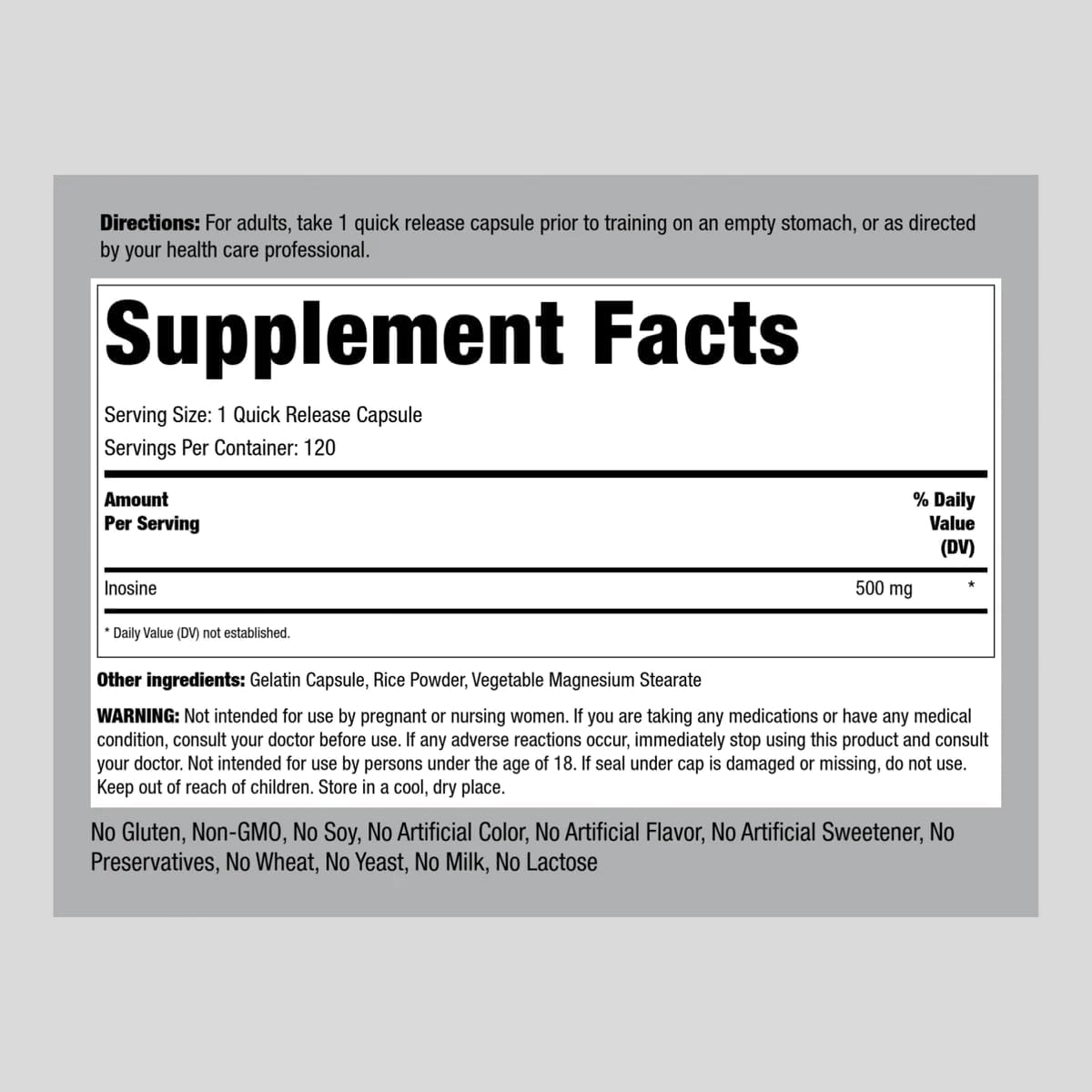 Inosine 500mg Capsules for Advanced Athletes | 120 Count | Therapeutic Grade Non-GMO, Gluten-Free Supplement by Piping Rock