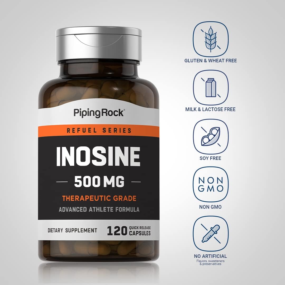 Inosine 500mg Capsules for Advanced Athletes | 120 Count | Therapeutic Grade Non-GMO, Gluten-Free Supplement by Piping Rock