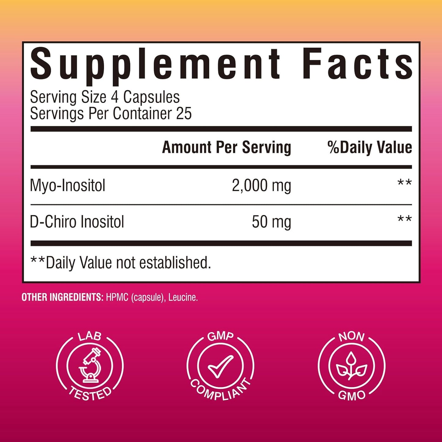 Inositol Fertility Supplement for Women - Myo-Inositol & D-Chiro Inositol, 40:1 Ratio, Hormone Balance, Ovarian Support - 100 Capsules