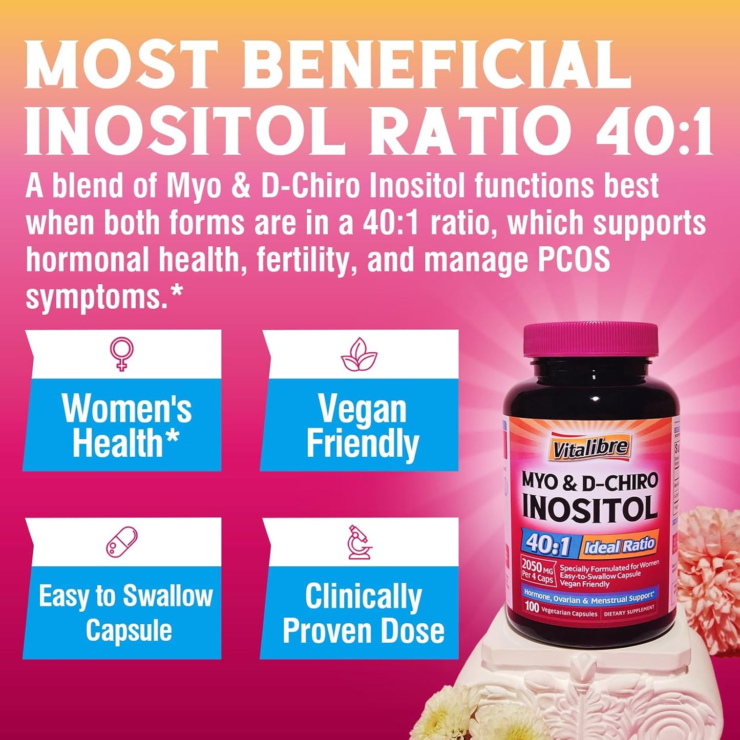 Inositol Fertility Supplement for Women - Myo-Inositol & D-Chiro Inositol, 40:1 Ratio, Hormone Balance, Ovarian Support - 100 Capsules