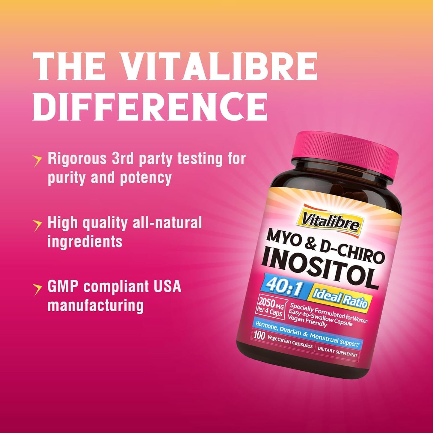 Inositol Fertility Supplement for Women - Myo-Inositol & D-Chiro Inositol, 40:1 Ratio, Hormone Balance, Ovarian Support - 100 Capsules