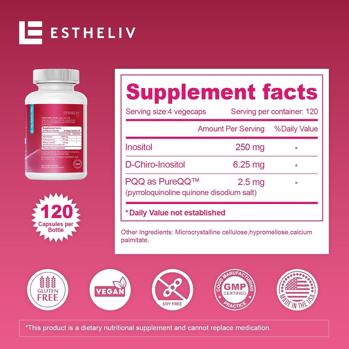 Inositol Ovarian Health Support Supplements for Women - Myo-Inositol & D-Chiro-Inositol Dietary Supplement for Female Hormone Balance - 120 VegeCaps