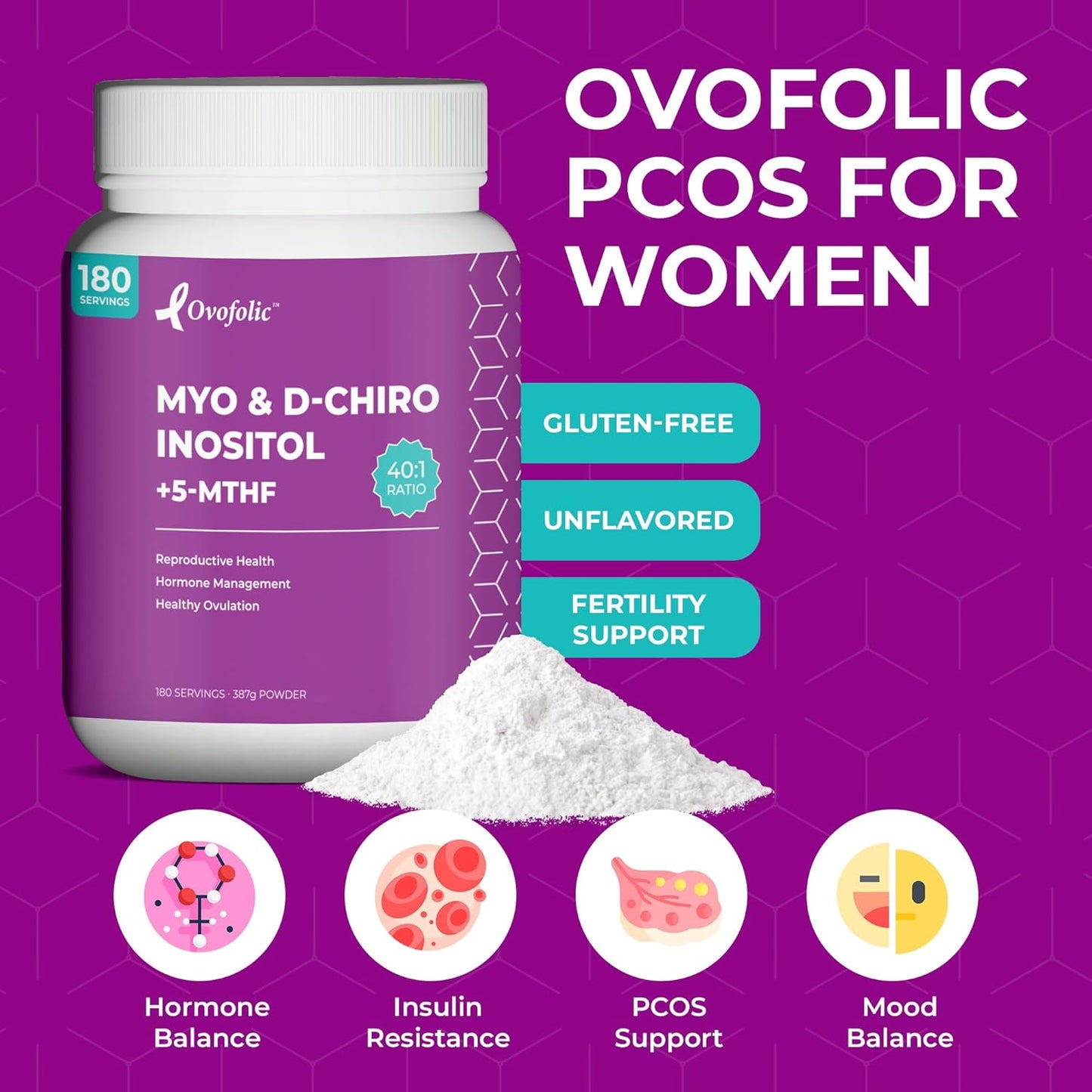 Inositol Supplement with Active Folate for Hormone Balance - 40:1 Ratio - 180 Servings, 387g Jar