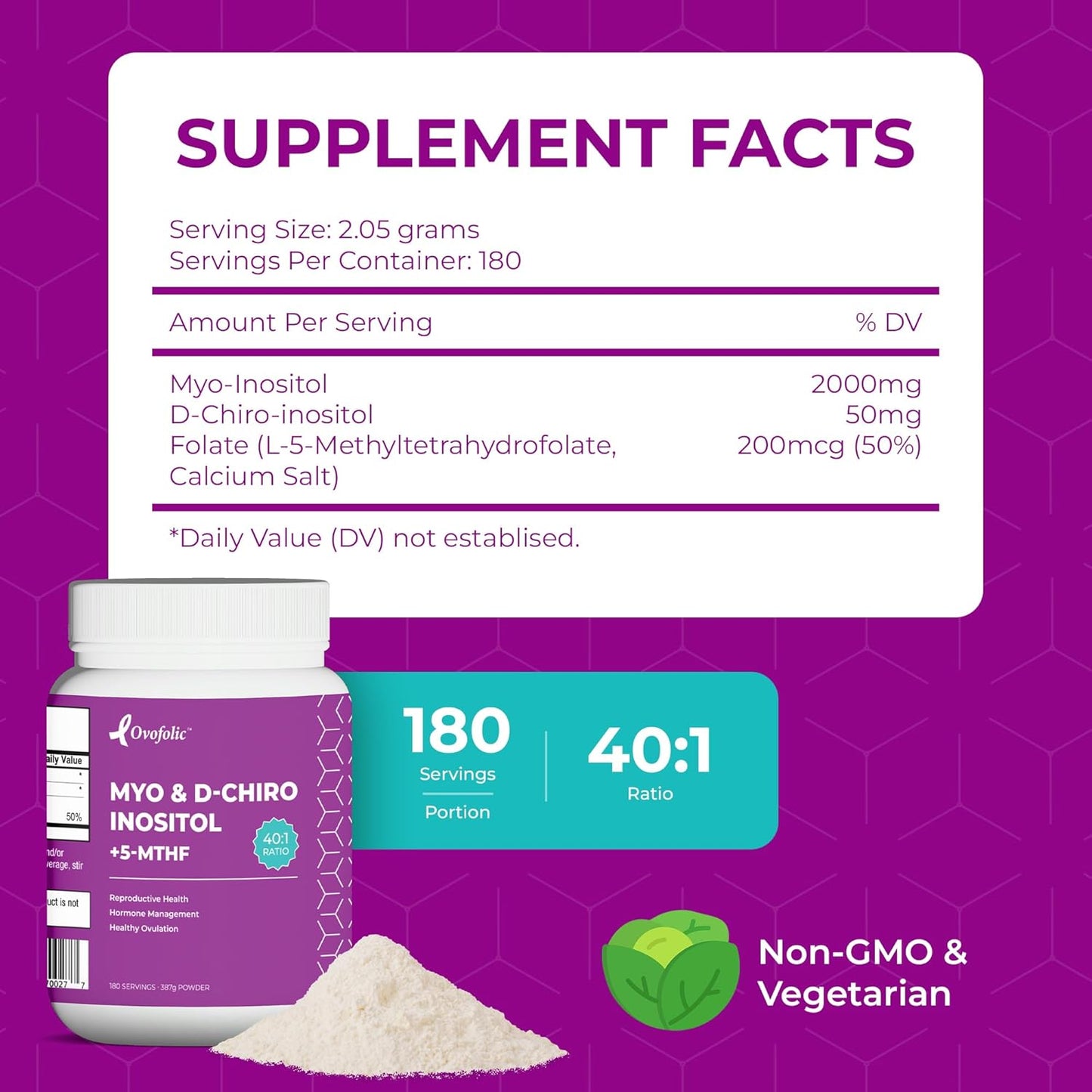 Inositol Supplement with Active Folate for Hormone Balance - 40:1 Ratio - 180 Servings, 387g Jar