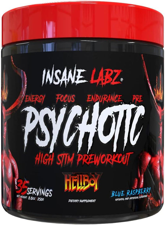 Insane Labz Hellboy Edition Pre Workout Powder - High Stimulant NO Booster with Beta Alanine, L Citrulline, Caffeine - Boost Focus, Energy, Endurance - 35 Servings - Blue Raspberry Flavor