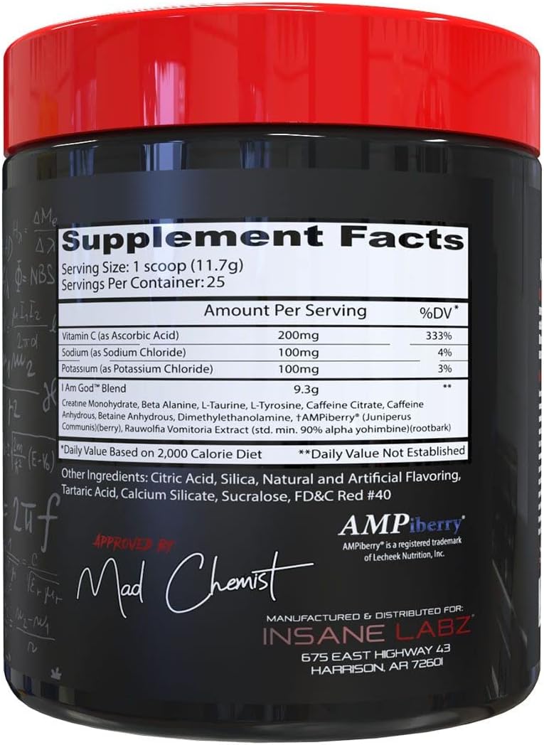 Insane Labz I am God Pre Workout Powder - High Stim with Creatine & DMAE Bitartrate for Energy, Focus, & Muscle Growth - 25 Servings, Fruit Punch Flavor