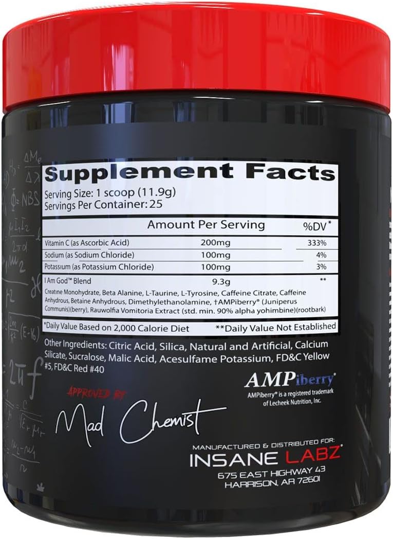 Insane Labz I am God Pre Workout Powder - High Stim with Creatine & DMAE Bitartrate, Enhanced by AMPiberry for Energy, Focus, & Muscle Growth - 25 Servings, Apple Flavor