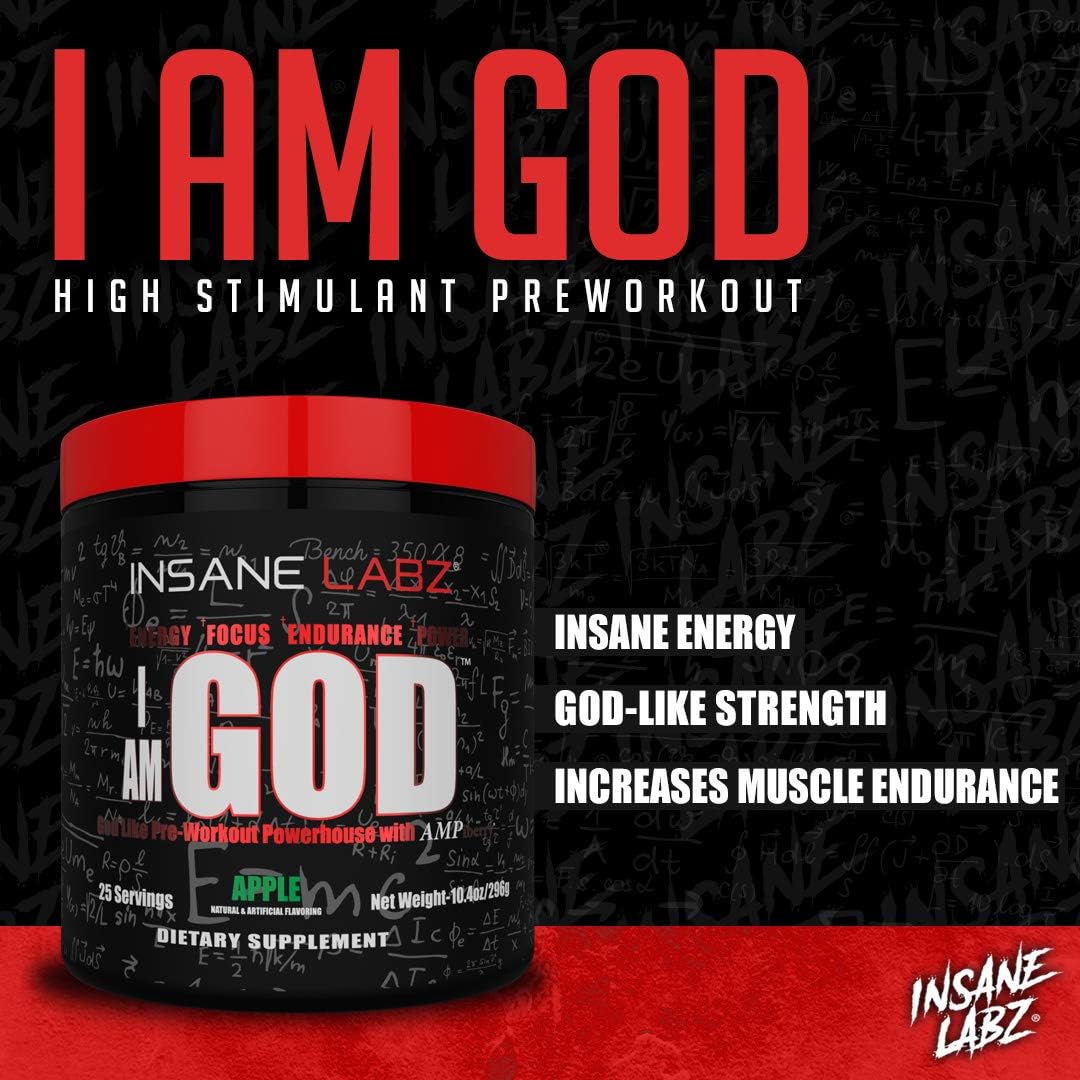 Insane Labz I am God Pre Workout Powder - High Stim with Creatine & DMAE Bitartrate for Energy, Focus, & Muscle Growth - 25 Servings, Fruit Punch Flavor