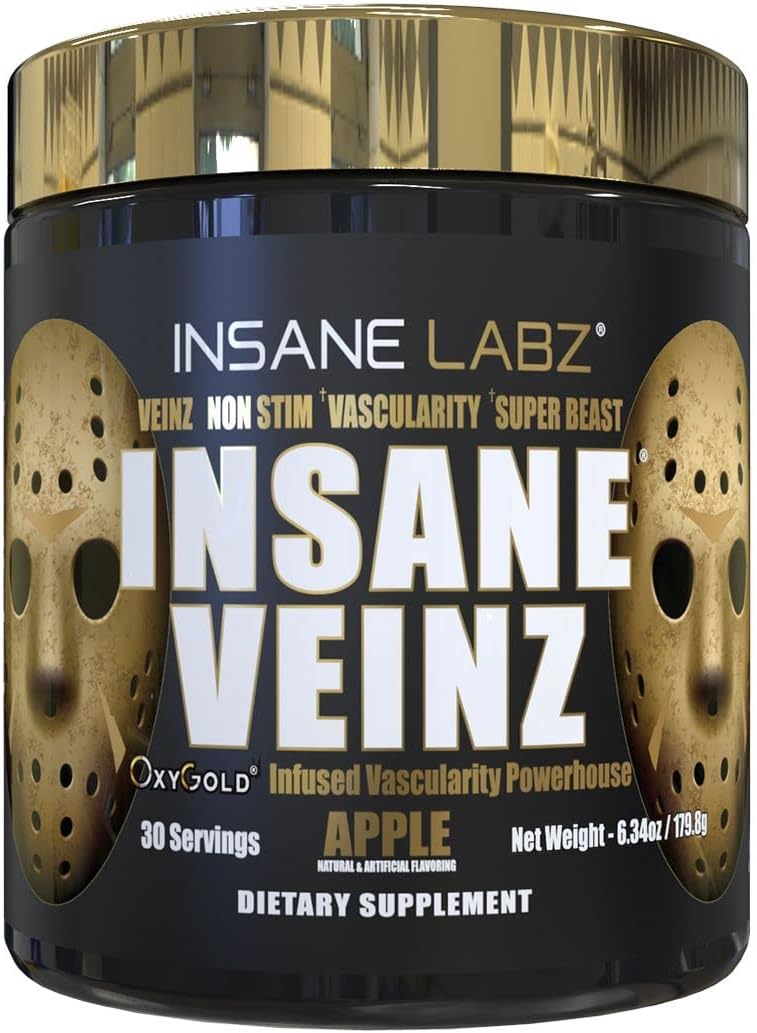 Insane Labz Insane Veinz Gold Non-Stimulant Pre Workout Powder with Hydromax and Nitrosigine for Increased Vascularity and Blood Flow - 30 Servings, Apple Flavor