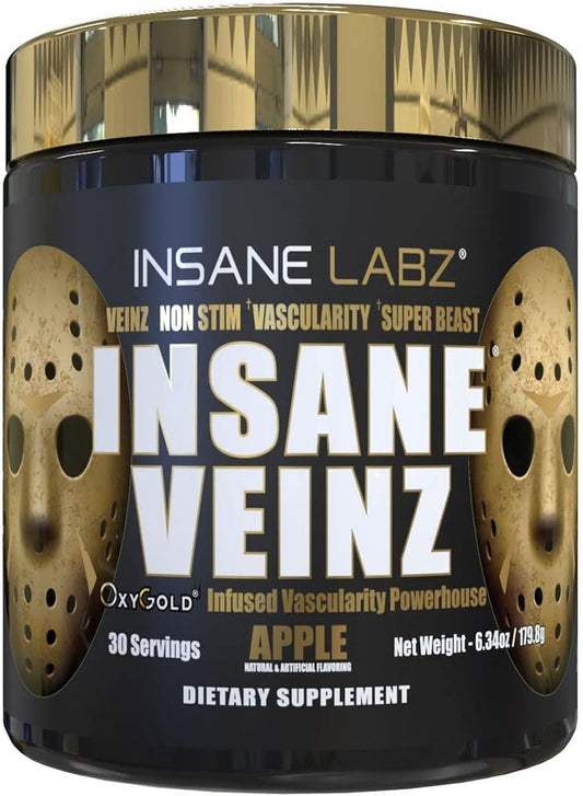 Insane Labz Insane Veinz Gold Non-Stimulant Pre Workout Powder with Hydromax and Nitrosigine for Increased Vascularity and Blood Flow - 30 Servings, Apple Flavor