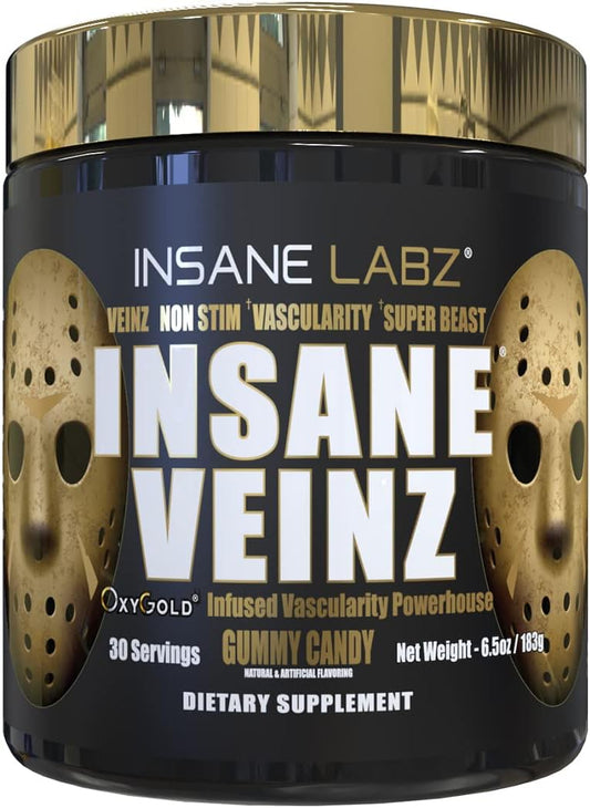 Insane Labz Insane Veinz Gold Non-Stimulant Pre Workout Powder - Hydromax, Nitrosigine, 30 Servings - Gummy Candy Flavor