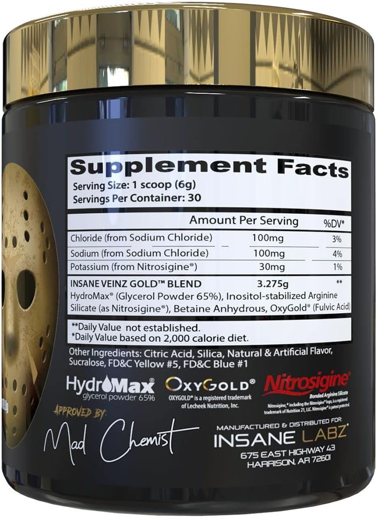 Insane Labz Insane Veinz Gold Non-Stimulant Pre Workout Powder with Hydromax and Nitrosigine for Increased Vascularity and Blood Flow - 30 Servings, Apple Flavor