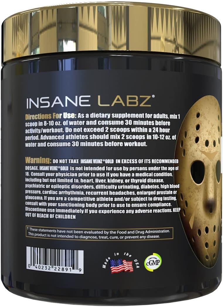 Insane Labz Insane Veinz Gold Non-Stimulant Pre Workout Powder with Hydromax and Nitrosigine for Increased Vascularity and Blood Flow - 30 Servings, Apple Flavor