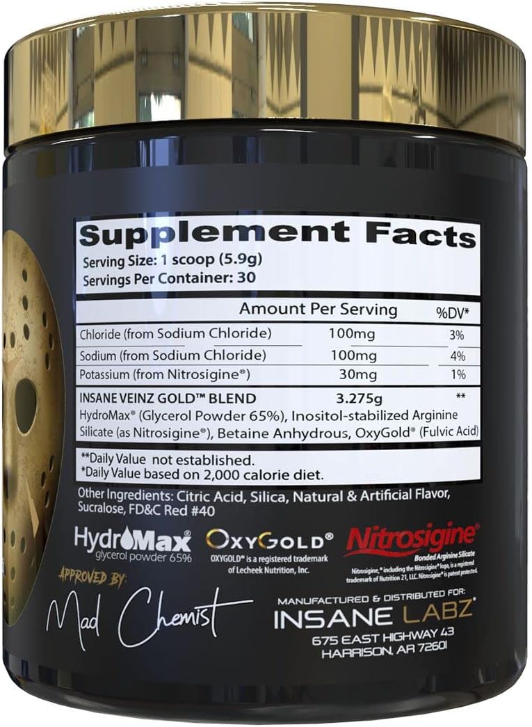 Insane Labz Insane Veinz Gold Pre Workout Powder, Non Stimulant with Hydromax & Nitrosigine for Vascularity, Fruit Punch Flavor