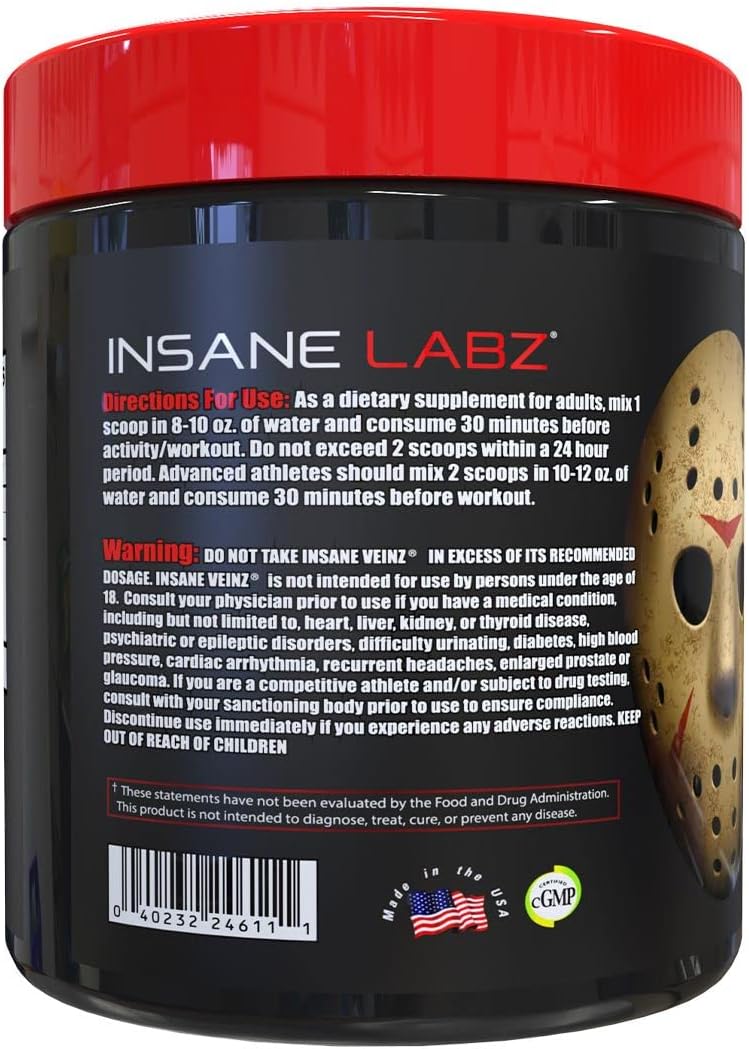 Insane Labz Insane Veinz Non Stimulant Nitric Oxide Booster Powder - Agmatine Sulfate & Betaine Anhydrous - Enhance Vascularity - 35 Servings