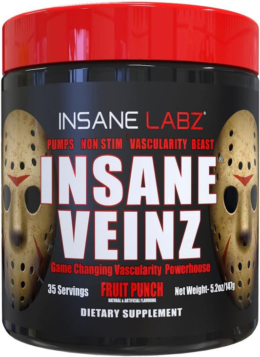 Insane Labz Insane Veinz Non Stimulant NO Enhancing Powder - Nitric Oxide Booster with Agmatine Sulfate and Betaine Anhydrous - Enhance Vascularity - 35 Servings - Fruit Punch Flavor