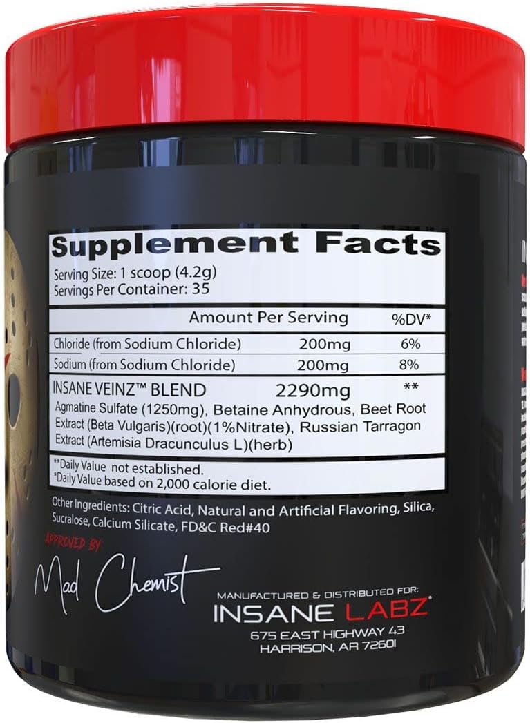 Insane Labz Insane Veinz Non Stimulant NO Enhancing Powder - Nitric Oxide Booster with Agmatine Sulfate and Betaine Anhydrous - Enhance Vascularity - 35 Servings - Fruit Punch Flavor