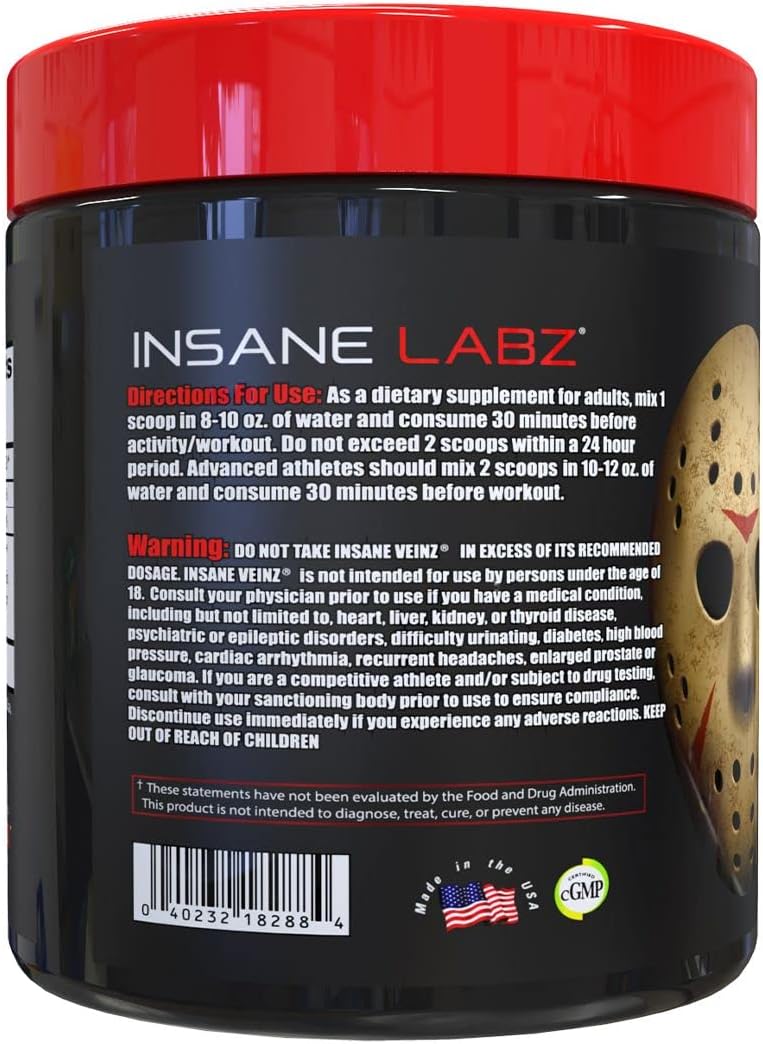 Insane Labz Insane Veinz Non Stimulant NO Enhancing Powder - Nitric Oxide Booster with Agmatine Sulfate and Betaine Anhydrous - Enhance Vascularity - 35 Servings - Fruit Punch Flavor