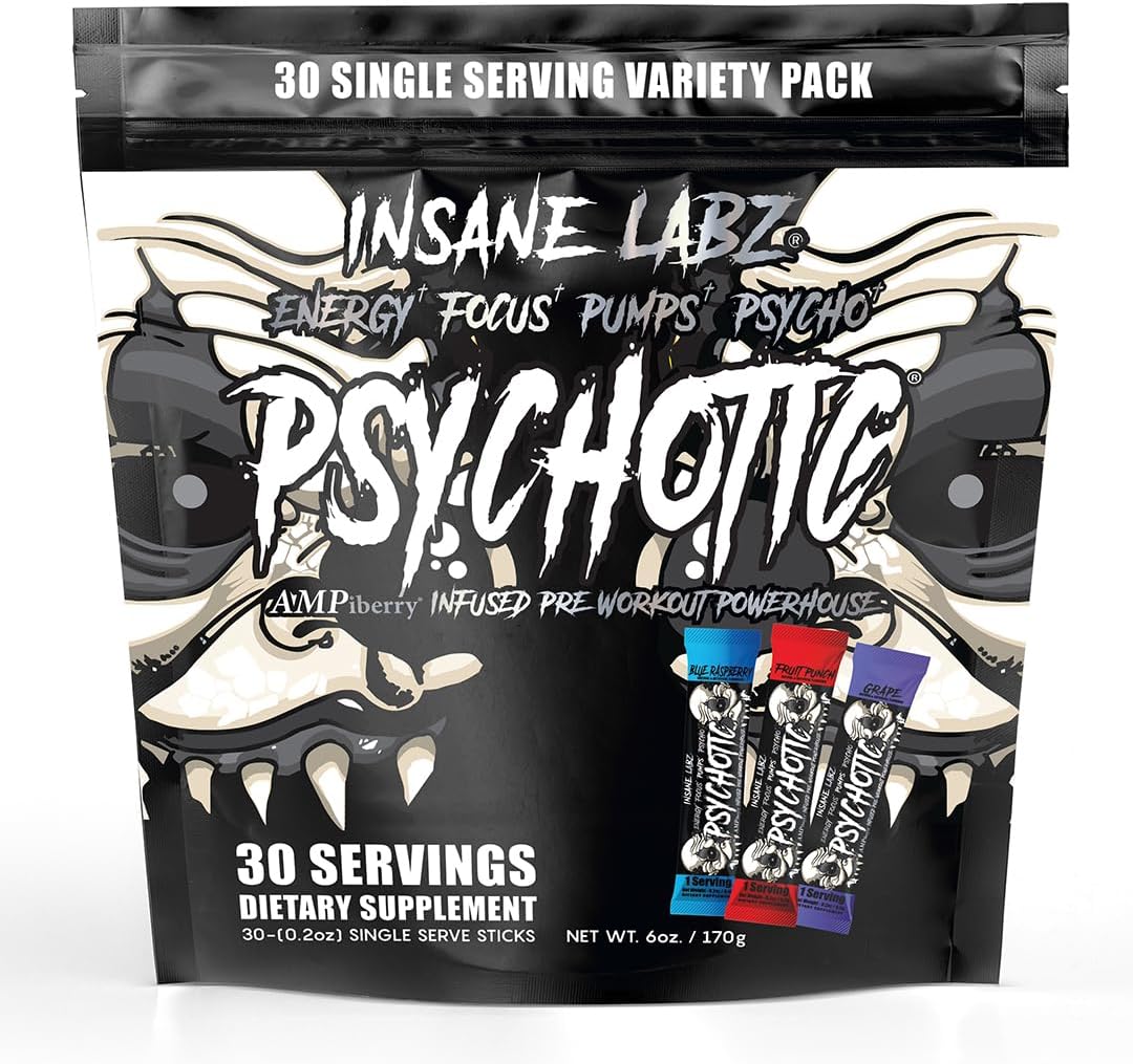 Insane Labz Psychotic Black Edition Pre Workout Powder - Mid Stimulant Formula with Creatine Beta Alanine Taurine - AMPiberry Fueled - 30 Servings