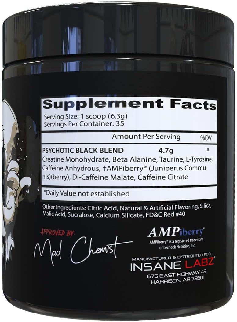 Insane Labz Psychotic Black Edition Pre Workout Powder - Mid Stimulant Energy Focus Pump Supplement with Creatine Beta Alanine Taurine - 35 Servings in Watermelon Flavor