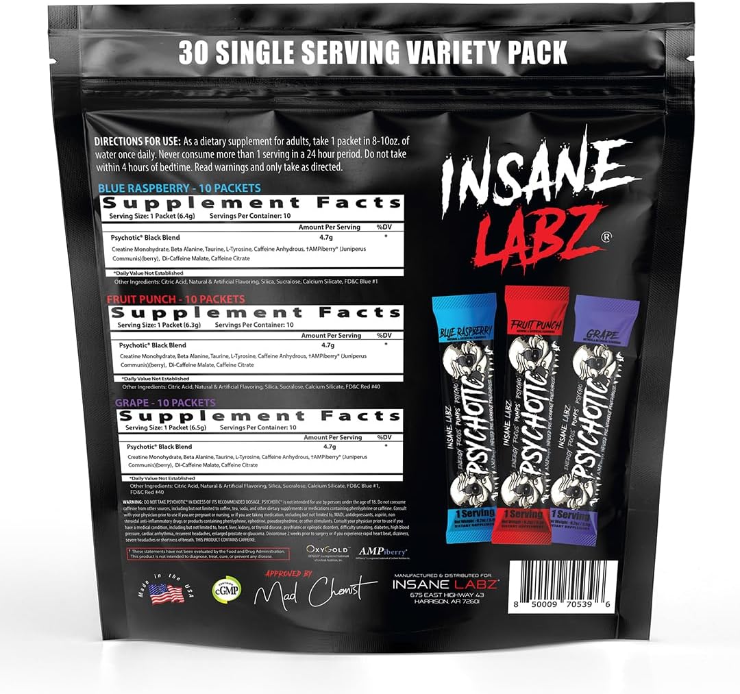 Insane Labz Psychotic Black Edition Pre Workout Powder - Mid Stimulant Formula with Creatine Beta Alanine Taurine - AMPiberry Fueled - 30 Servings