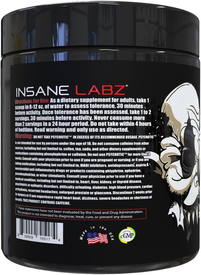 Insane Labz Psychotic Black Edition Pre Workout Powder - Mid Stimulant Energy Focus Pump Supplement with Creatine Beta Alanine Taurine - 35 Servings in Watermelon Flavor