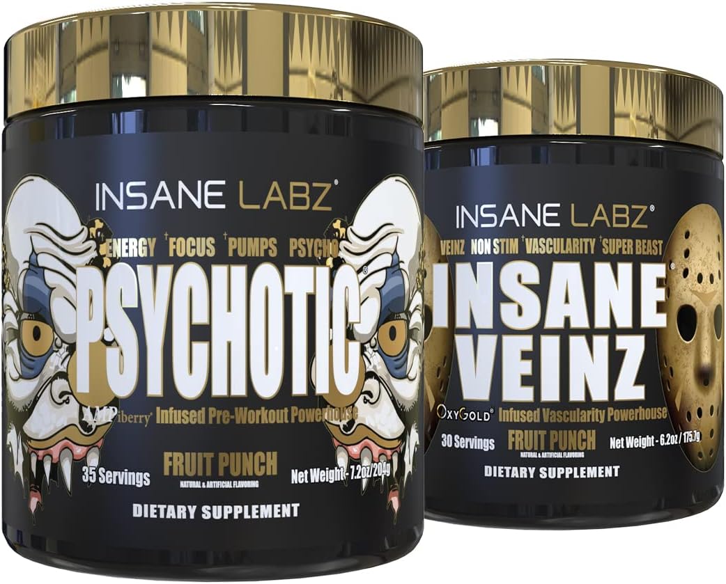 Insane Labz Psychotic Gold and Veinz Gold Stack - Boost Muscle Mass, Vascularity, Strength, Energy, Focus - Fruit Punch Flavor