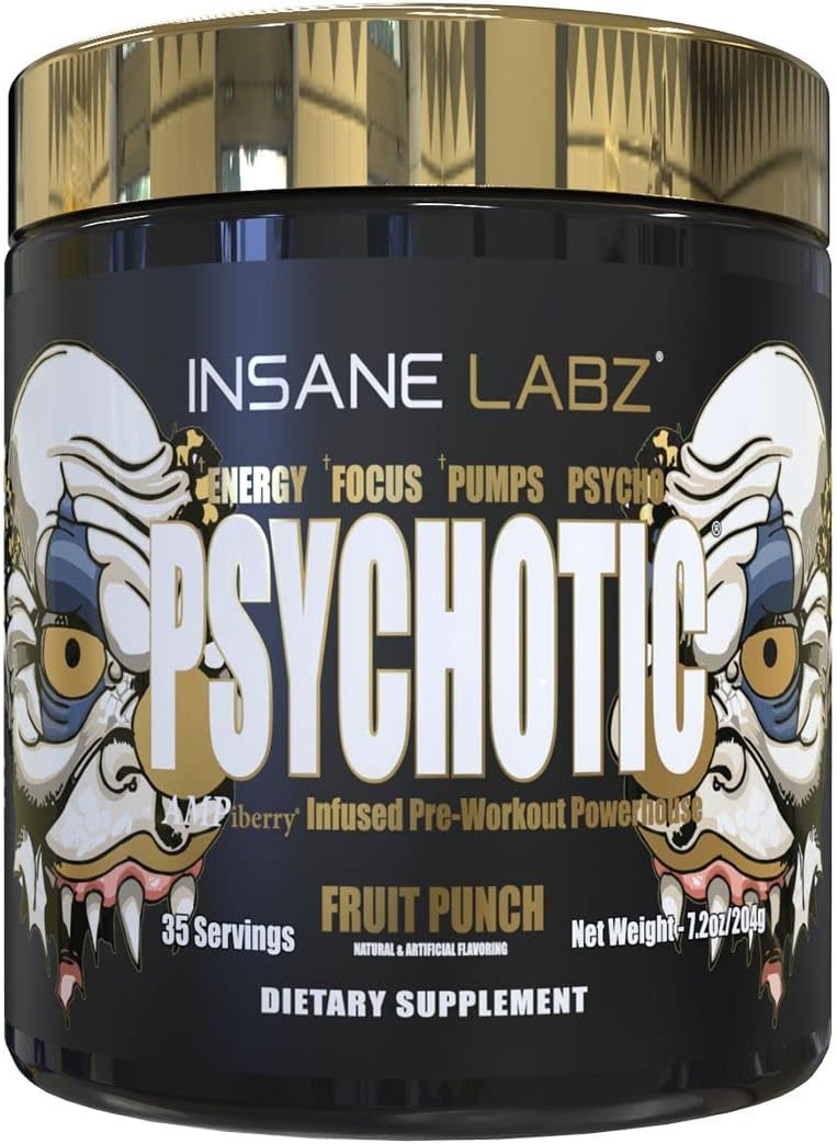 Insane Labz Psychotic Gold and Veinz Gold Stack - Boost Muscle Mass, Vascularity, Strength, Energy, Focus - Fruit Punch Flavor