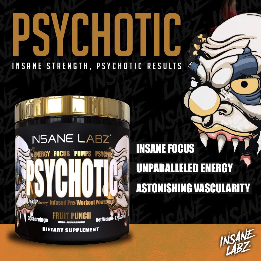 Insane Labz Psychotic Gold and Veinz Gold Stack - Boost Muscle Mass, Vascularity, Strength, Energy, Focus - Fruit Punch Flavor