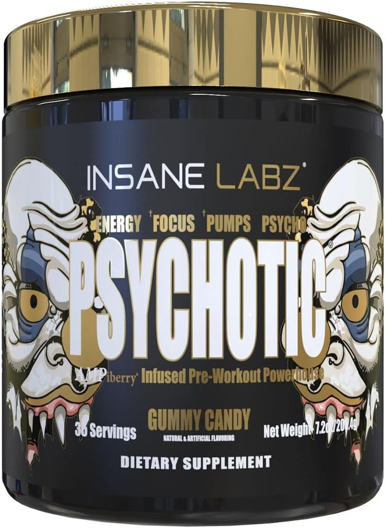 Insane Labz Psychotic Gold Pre Workout Powder - High Stimulant Energy, Focus, Pumps, Endurance - Beta Alanine, DMAE, NO Booster - Gummy Candy Flavor - 35 Servings