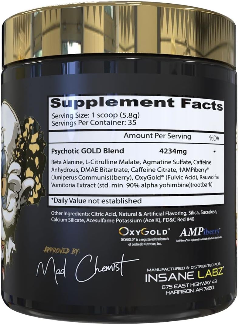 Insane Labz Psychotic Gold Pre Workout Powder - High Stimulant Energy, Focus, Pumps, Endurance - Beta Alanine, DMAE, NO Booster - Gummy Candy Flavor - 35 Servings
