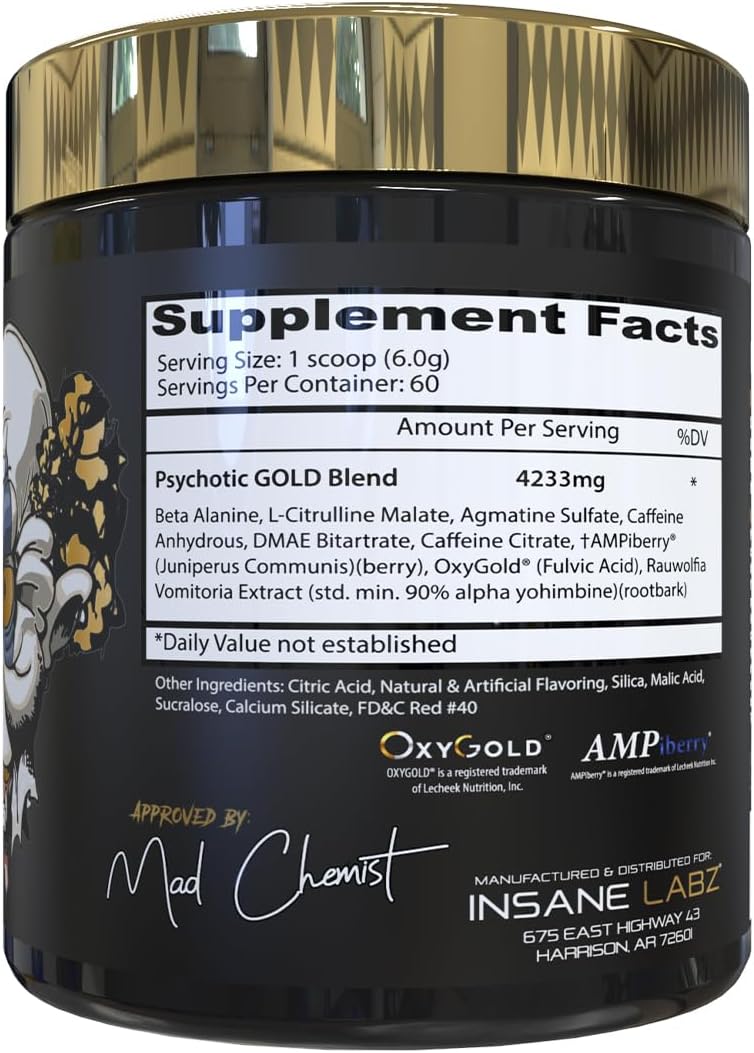 Insane Labz Psychotic Gold Pre Workout Powder - High Stimulant Energy Boost, Endurance, and Pumps - Beta Alanine, DMAE Bitartrate - NO Booster - 35 Servings, Fruit Punch Flavor
