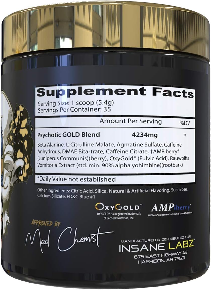 Insane Labz Psychotic Gold Pre Workout Powder - High Stimulant Energy, Focus, and Pumps - Beta Alanine, DMAE Bitartrate - NO Booster - Blue Punch Flavor - 35 Servings