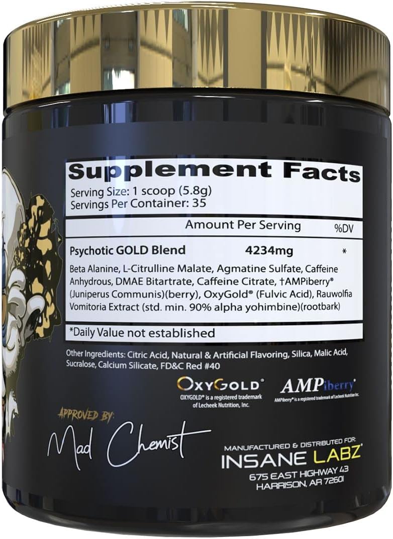 Insane Labz Psychotic Gold Pre Workout Powder - High Stimulant Energy Focus, Pump, Endurance Booster with Beta Alanine, DMAE Bitartrate - Fruit Punch Flavor, 35 Servings