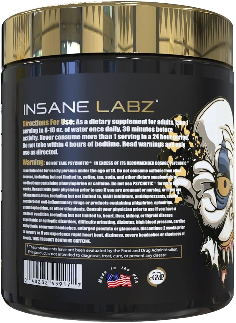 Insane Labz Psychotic Gold Pre Workout Powder - High Stimulant Energy, Focus, Pumps, Endurance - Beta Alanine, DMAE, NO Booster - Gummy Candy Flavor - 35 Servings