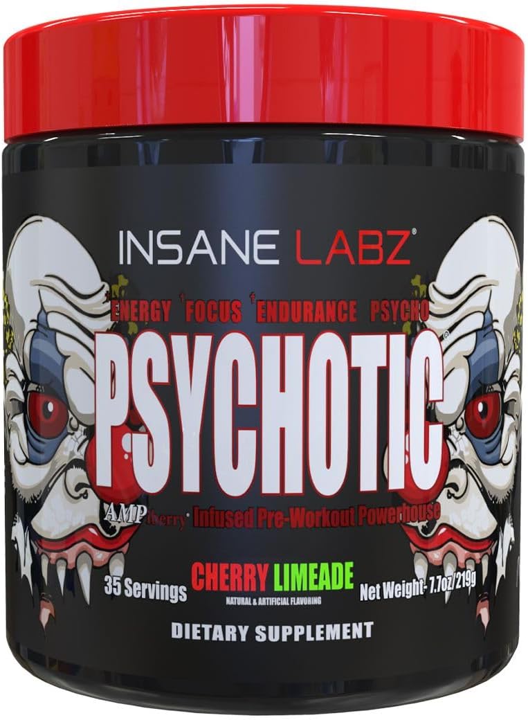 Insane Labz Psychotic Pre Workout Powder - High Stimulant Energy, Focus, Endurance - Beta Alanine, Creatine Monohydrate, DMAE - 35 Servings, Cherry Limeade Flavor