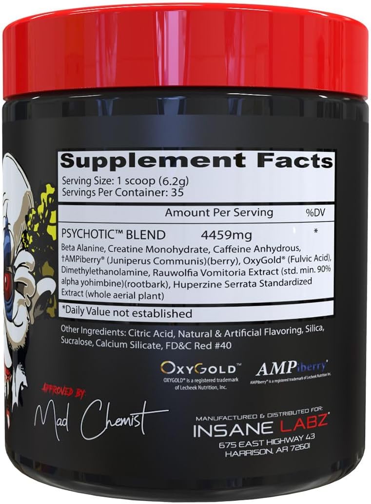 Insane Labz Psychotic Pre Workout Powder - High Stimulant Energy, Focus, Endurance - Beta Alanine, Creatine Monohydrate, DMAE - 35 Servings, Cherry Limeade Flavor