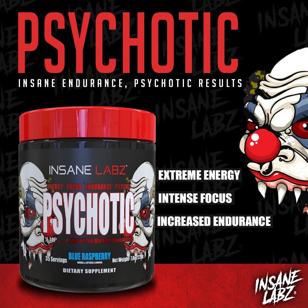 Insane Labz Psychotic Pre Workout Powder - High Stimulant, Long-Lasting Energy, Focus, Endurance - Beta Alanine, Creatine Monohydrate DMAE - 35 Servings Fruit Punch