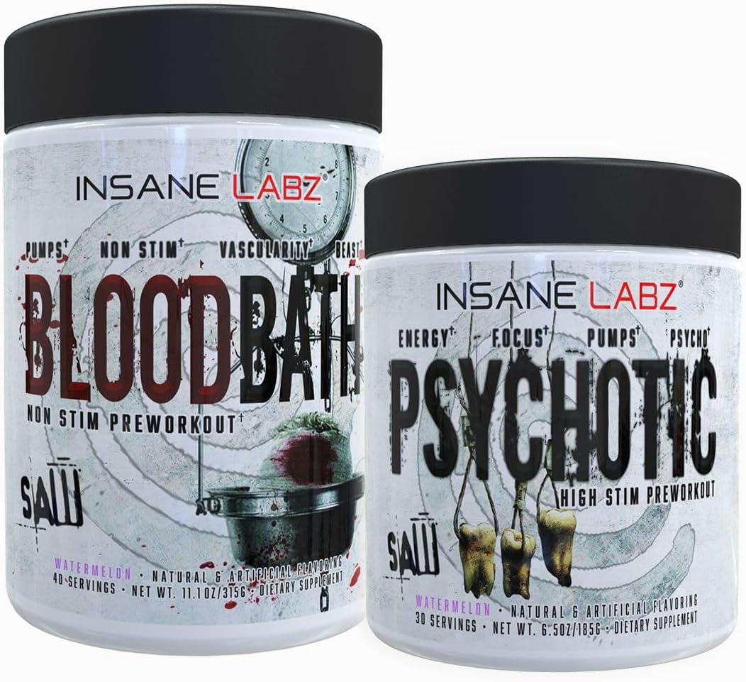 Insane Labz Psychotic Saw® and Bloodbath Pre Workout Stack - Boost Muscle Mass, Vascularity, Strength, Energy, Focus - Watermelon, 30 Servings
