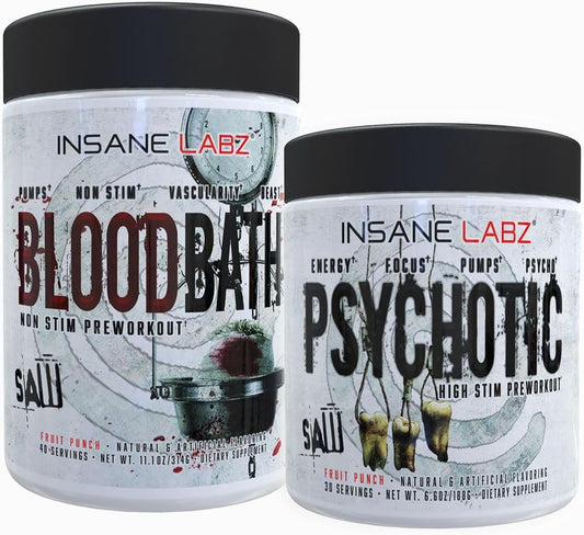 Insane Labz Psychotic Saw and Bloodbath Pre Workout Stack - Enhance Muscle Mass, Vascularity, Strength, Energy, Focus - Fruit Punch, 30 Servings