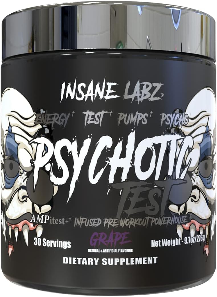 Insane Labz Psychotic Test Pre-Workout Powder - High Stim Energy Booster with DMAE, D Aspartic Acid, Creatine HCL, Glycerol Monostearate - 30 Servings, Grape Flavor