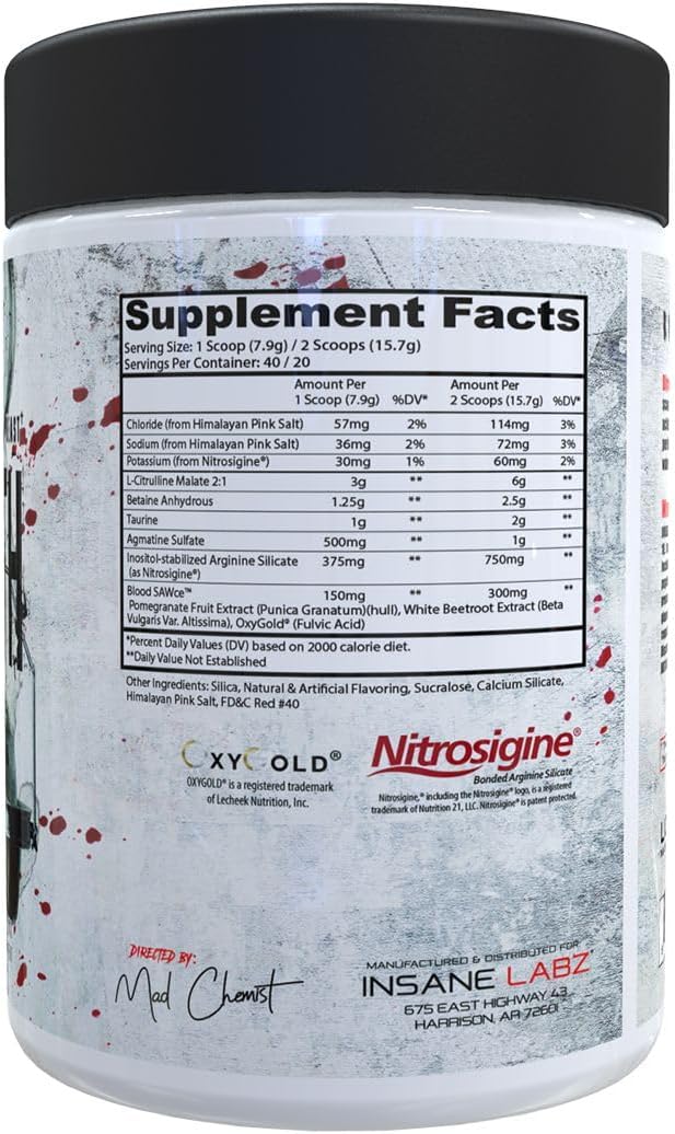 Insane Labz Saw® Bloodbath Non-Stim Pump Pre Workout Powder - Nitrosigine®, OxyGold™, Agmatine Sulfate, L-Citrulline, Betainne Anhydrous - 40 Servings, Watermelon Flavor