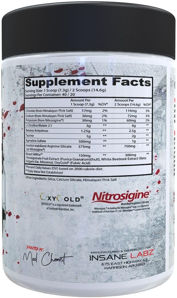 Insane Labz Saw Bloodbath Non-Stim Pump Pre Workout Powder - Nitrosigine, OxyGold, Agmatine Sulfate, L-Citrulline, Betainne Anhydrous - 40 Servings