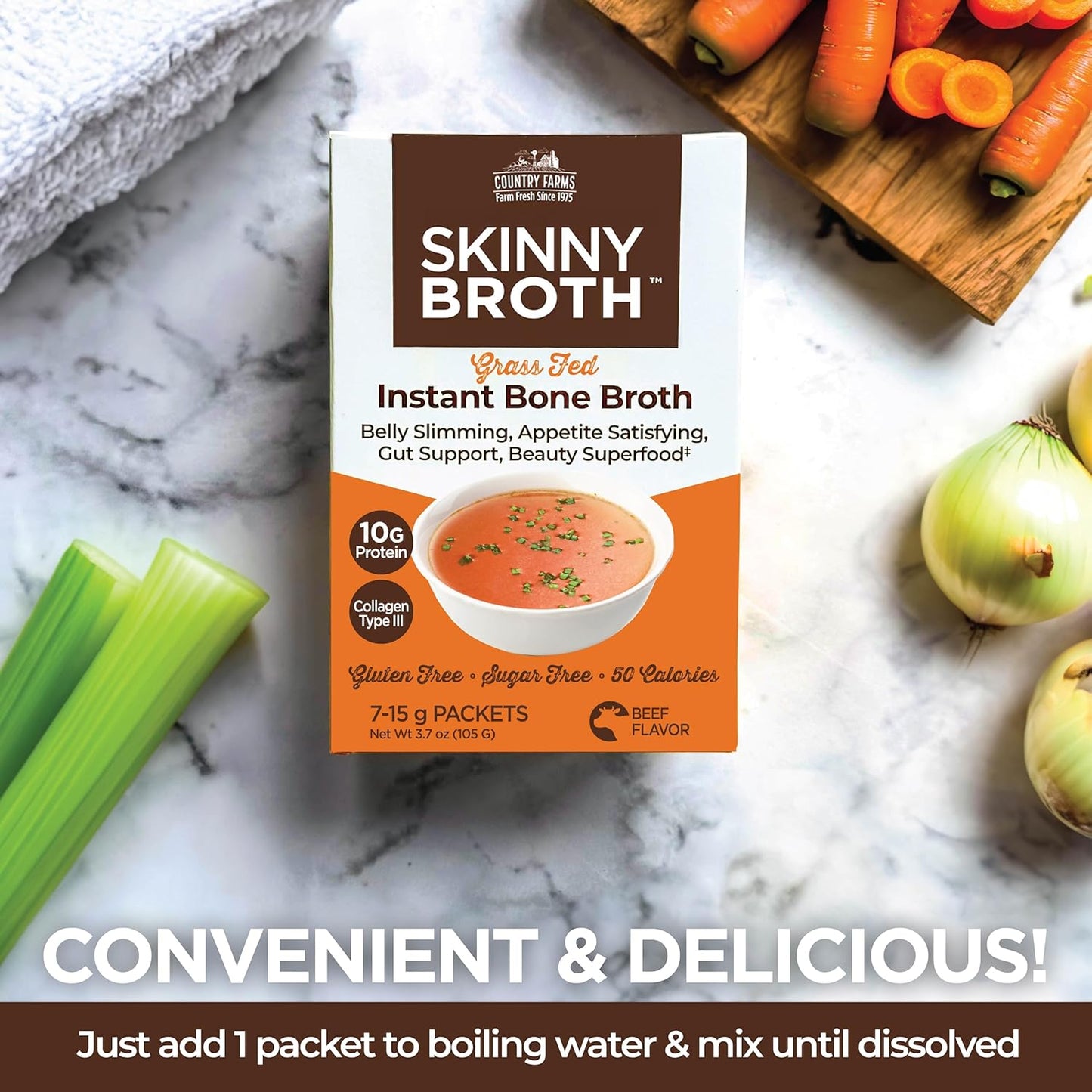 Instant Beef Bone Broth with 10g Protein, Collagen Type III, Promotes Digestion, Bone & Joint Health - 7 Day Plan (7-15g Packets)